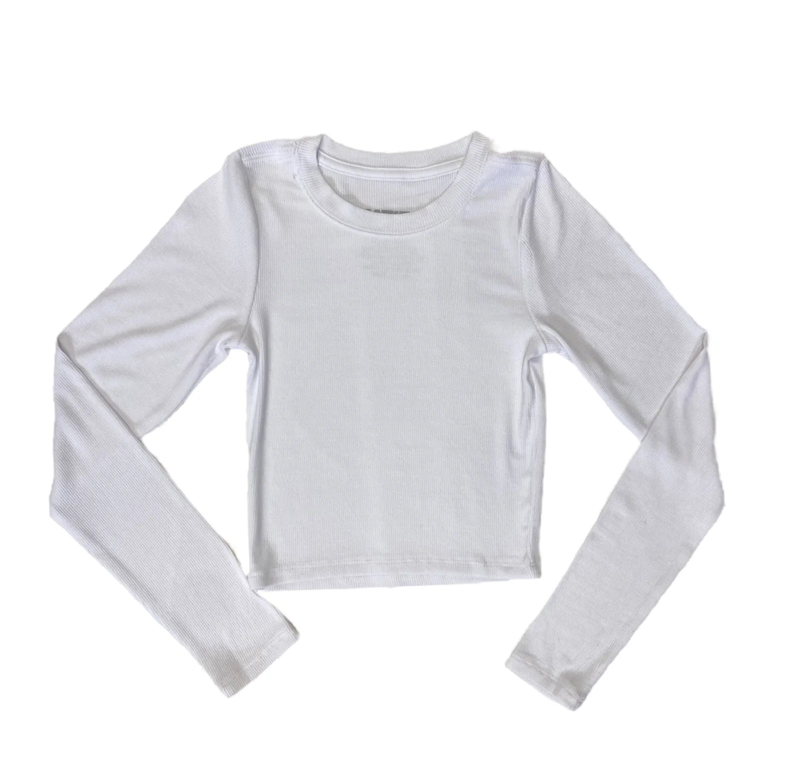 A white crop top with long sleeves on a white background