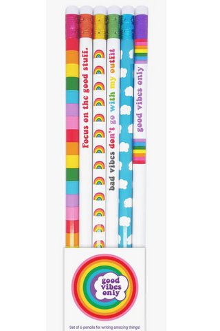 A set of pencils with a sticker that says good vibes only