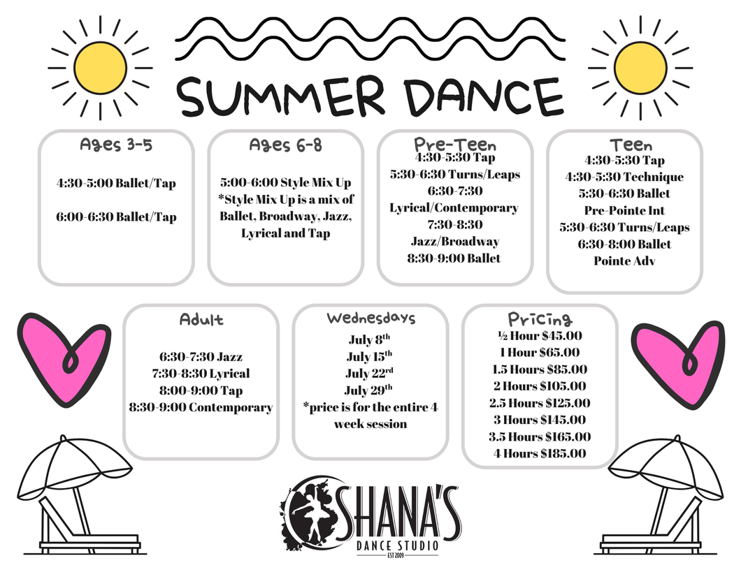 Colorful summer session schedule poster for SHANA’S, with class times and categories in pastel columns.
