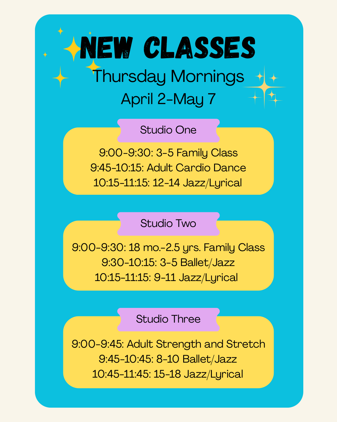 Flyer for new dance classes on Thursday mornings from April 2 to May 7.