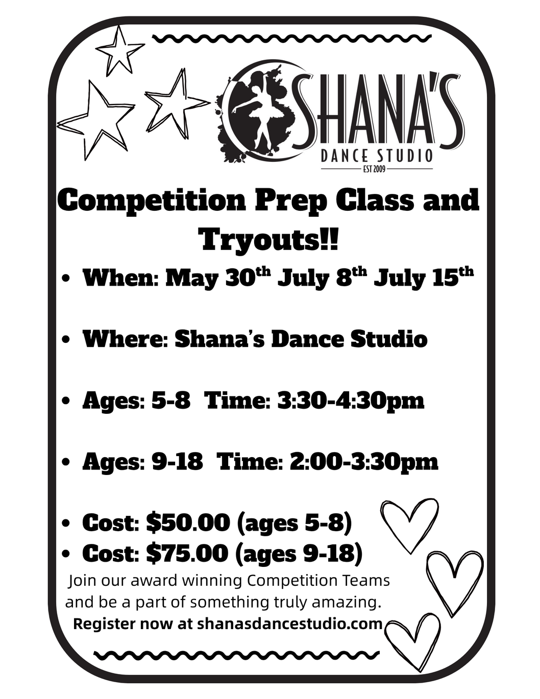 Dance studio flyer for competition prep class and tryouts, with dates, times, ages, and costs.