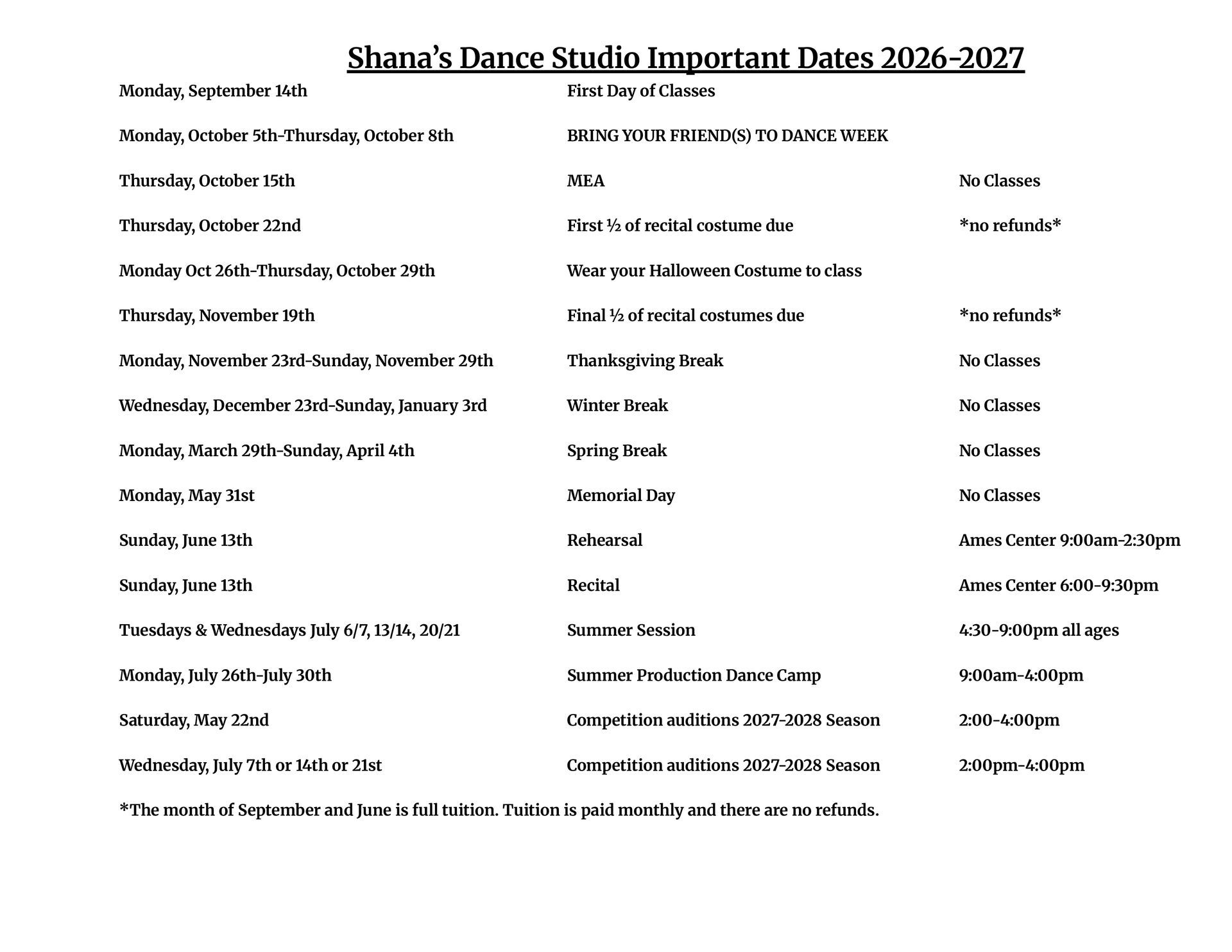 Important dates for the 2026-2027 