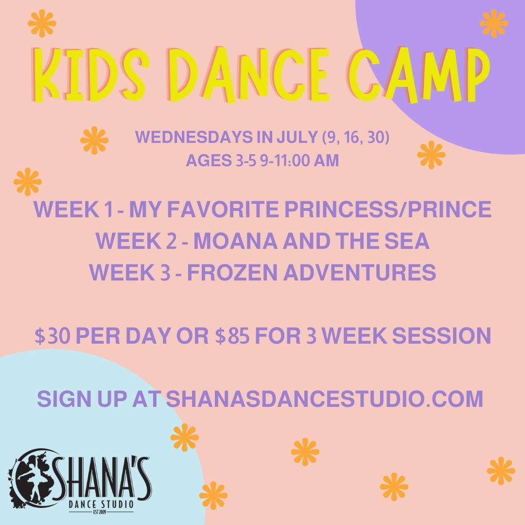 An advertisement for a kids dance camp that takes place on wednesdays in july