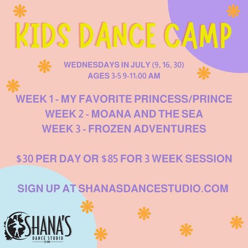 An advertisement for a kids dance camp that takes place on wednesdays in july
