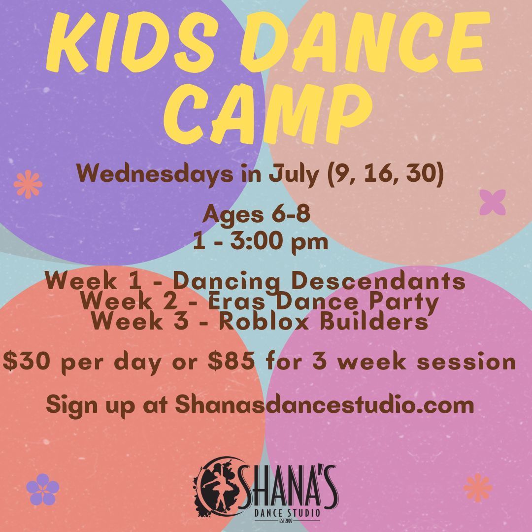 An advertisement for a kids dance camp in july