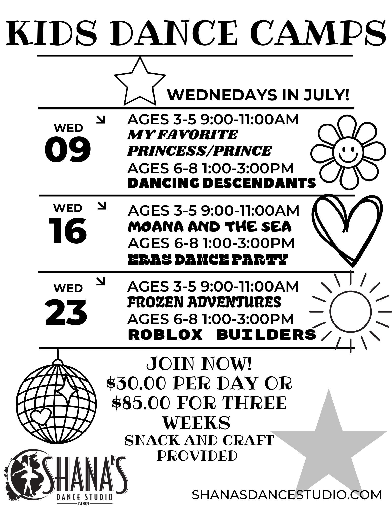 A black and white poster for kids dance camps.