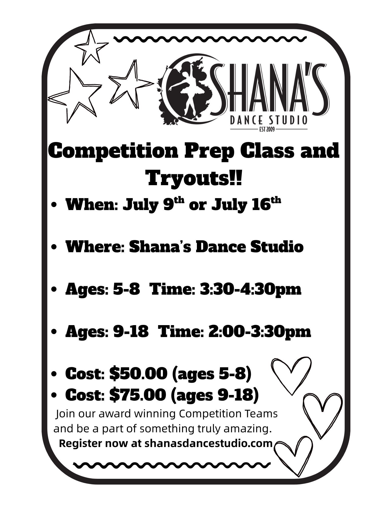 A black and white flyer for a competition prep class and tryouts.