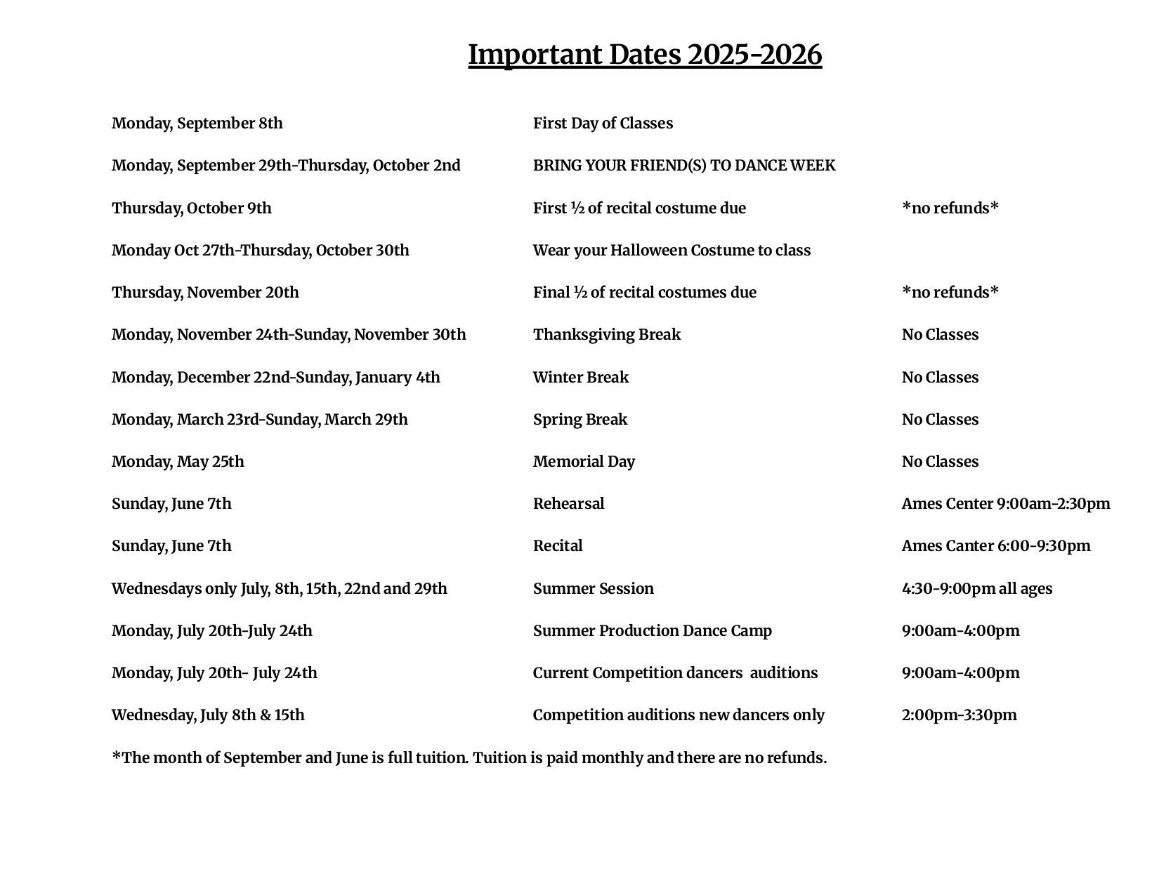 Important dates for the 2025-2026 school year, including holidays, rehearsals, and deadlines.