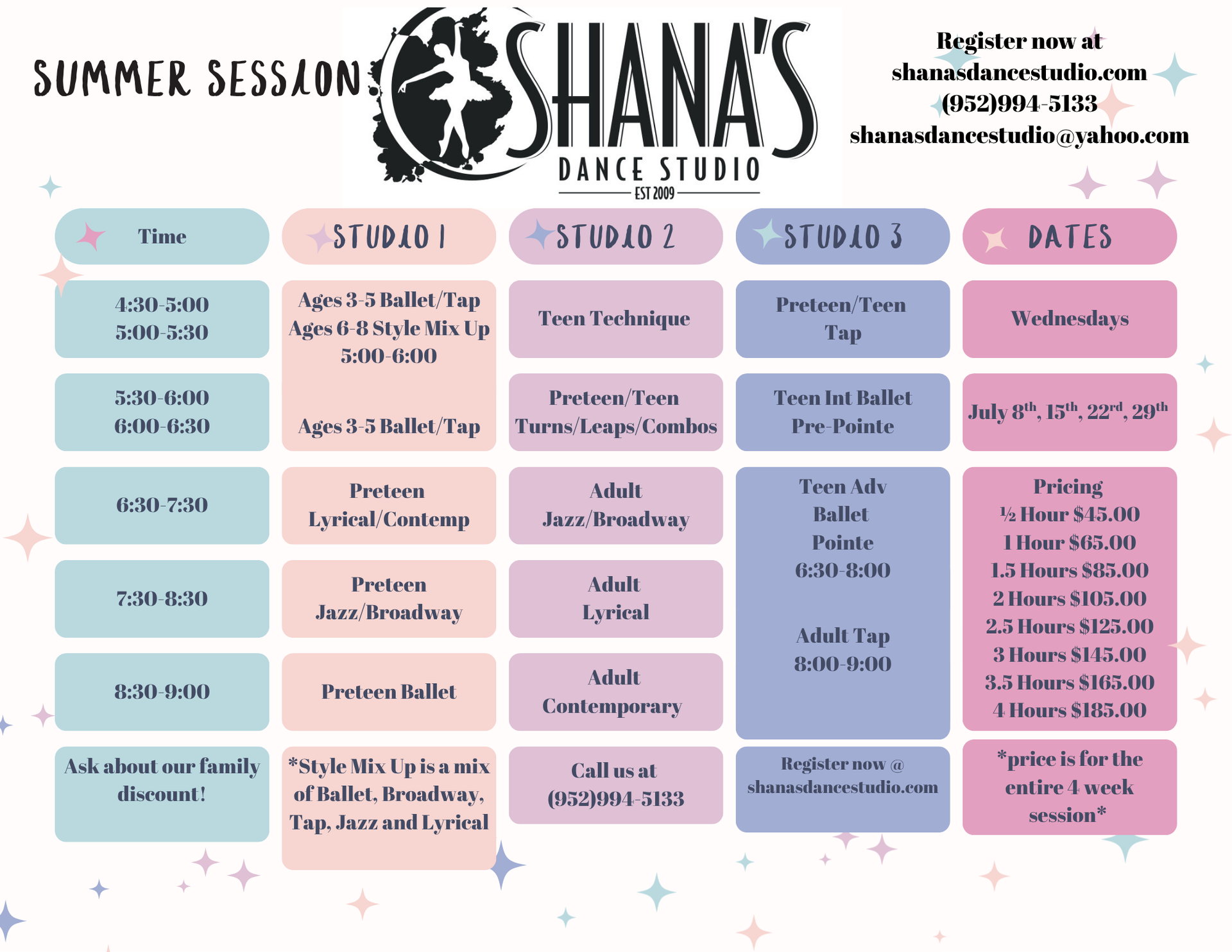 Summer session schedule poster for Shana's Dance Studio with colorful class times and programs