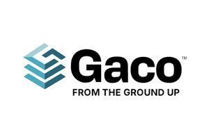 Gaco logo: Abstract blue and gray layered structure next to