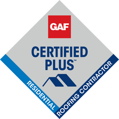 GAF Certified Plus residential roofing contractor logo in red, gray, and blue.