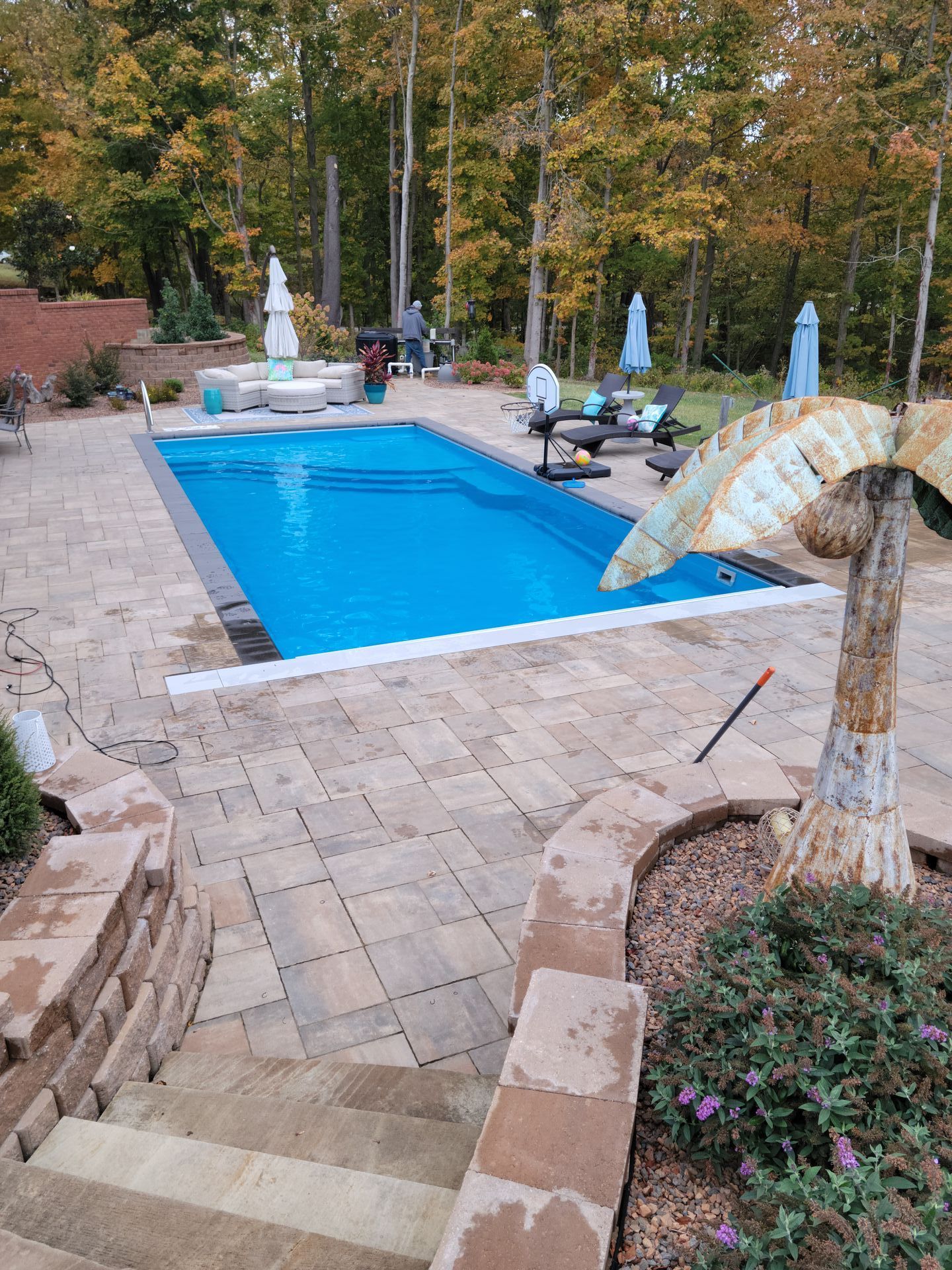 A large swimming pool surrounded by trees and stairs in a backyard.