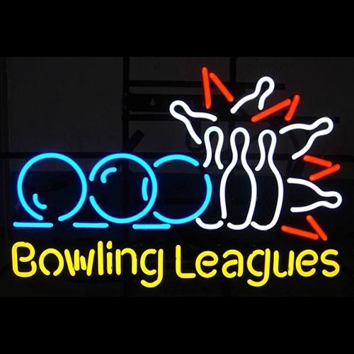 A neon sign that says bowling leagues on it