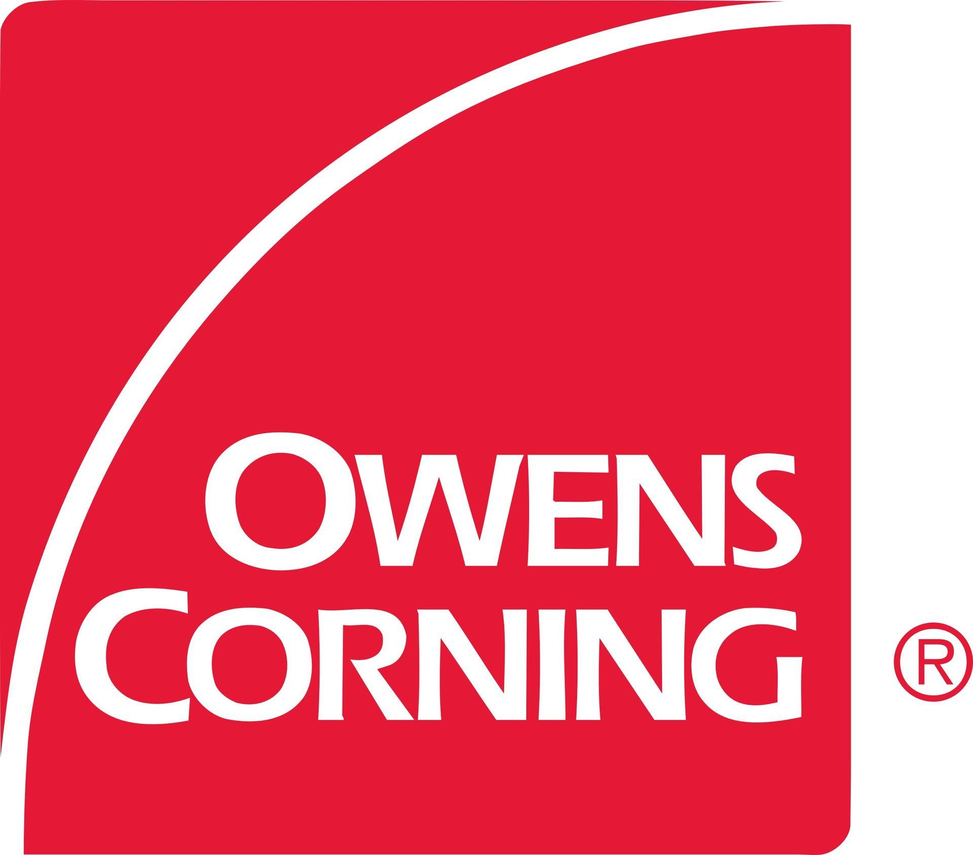 Owens Corning logo in white on a red background with a registered trademark symbol