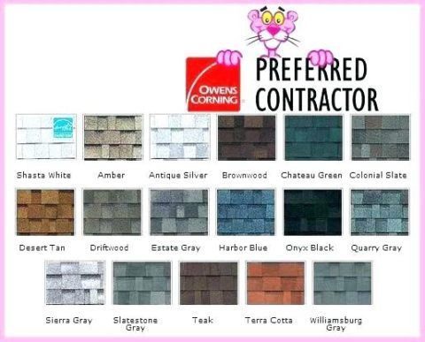 Color palette chart for Owens Corning Preferred Contractor shingles, showing multiple roof shingle colors.