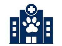 Blue hospital icon with a white paw print and medical cross
