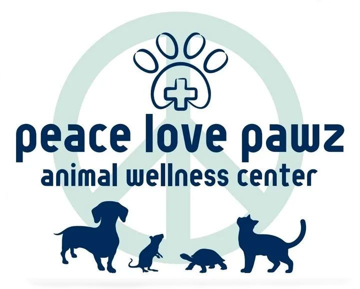Logo for Peace Love Pawz Animal Wellness Center with paw print, cross, and dog silhouettes in blue and mint green