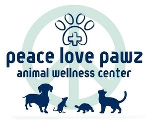 Logo for Peace Love Pawz Animal Wellness Center with paw print, cross, and dog silhouettes in blue and mint green