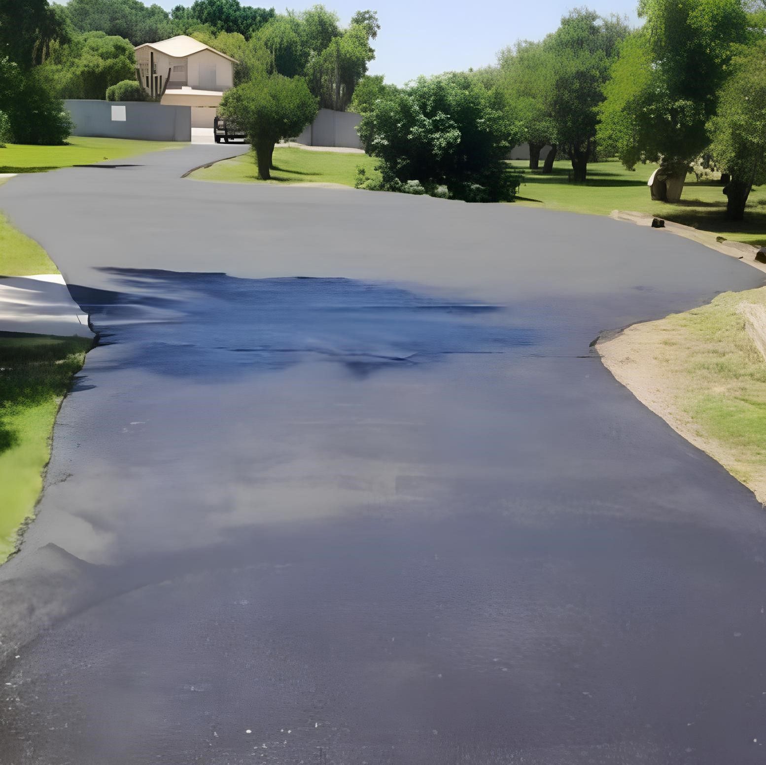 A house with a black driveway leading to it