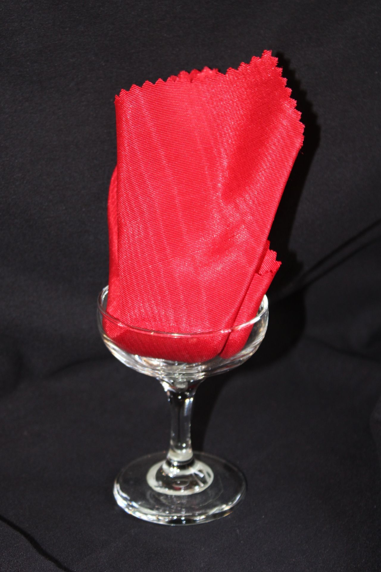 A wine glass with a red napkin in it