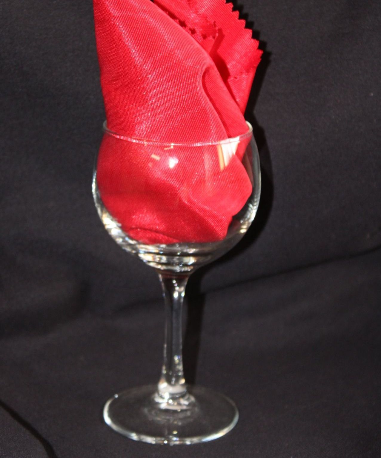A wine glass with a red napkin in it