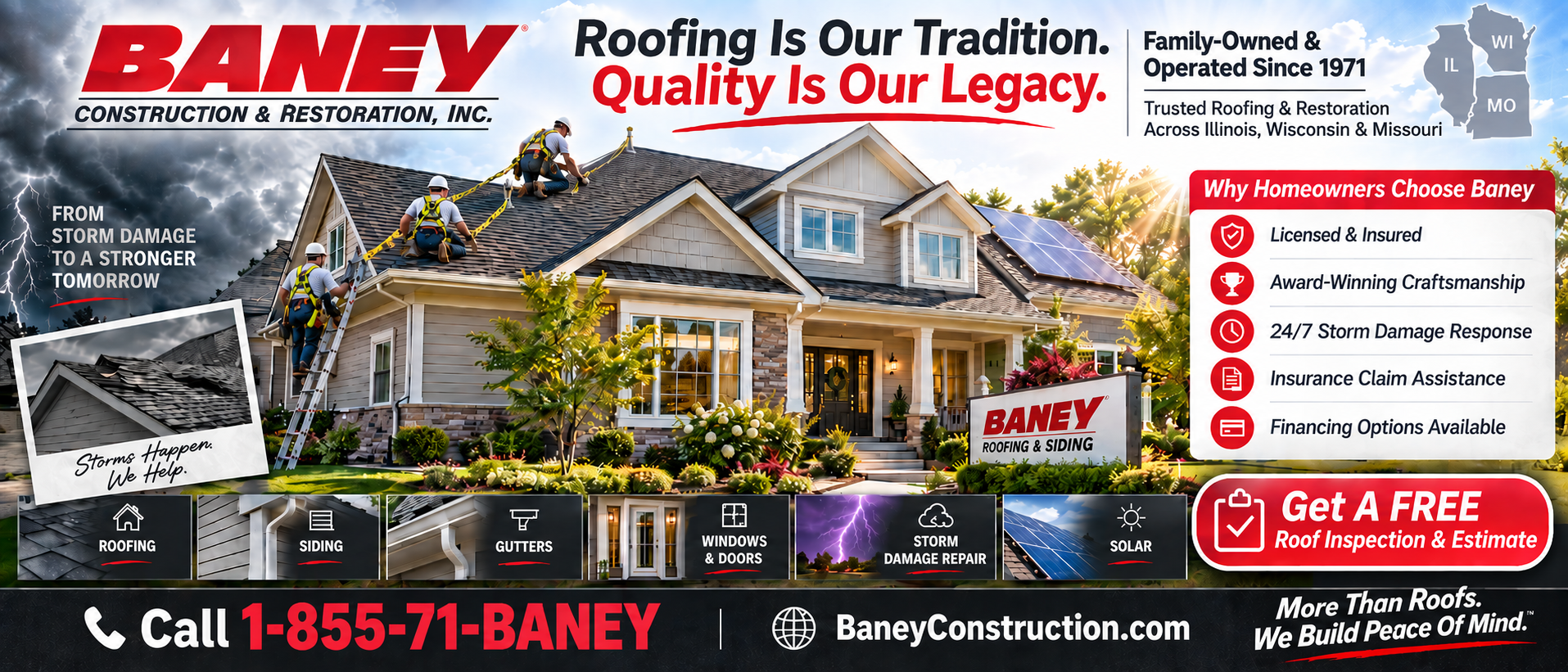 BANEY roofing ad with house and crew, red-white logo, service icons, phone number, and “Get a Free Estimate” button