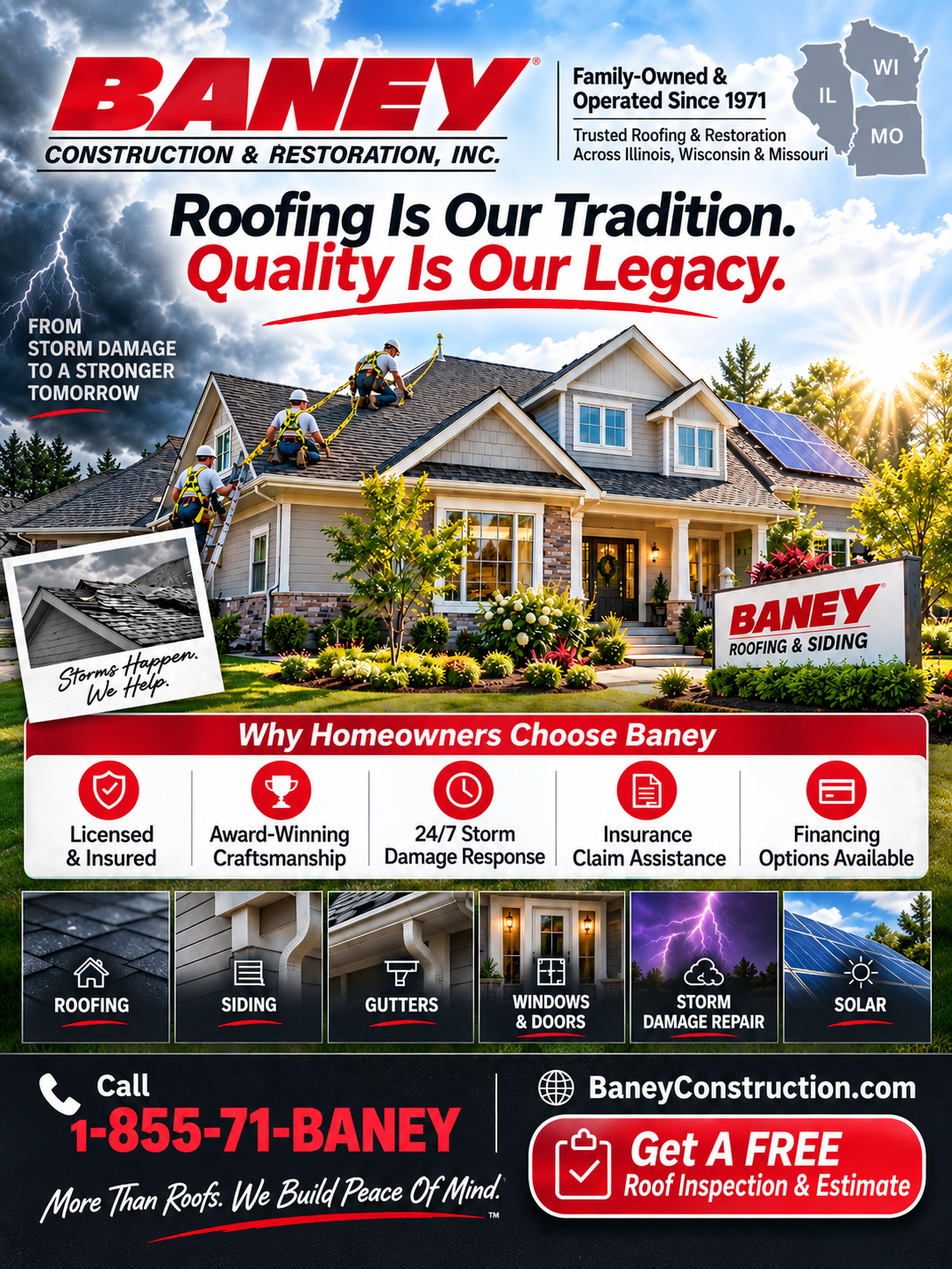 Baney roofing ad with house, slogan “Roofing Is Our Tradition. Quality Is Our Legacy.” and free estimate offer