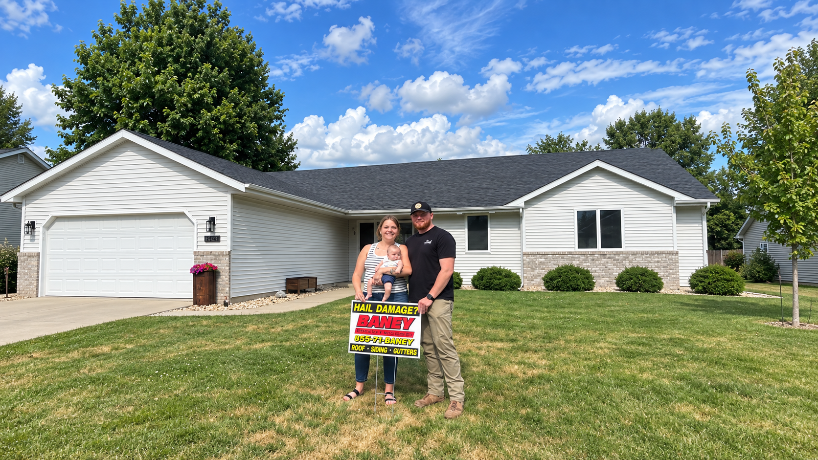 Couple standing in front of a suburban house, holding a bright real estate sign on the lawn
