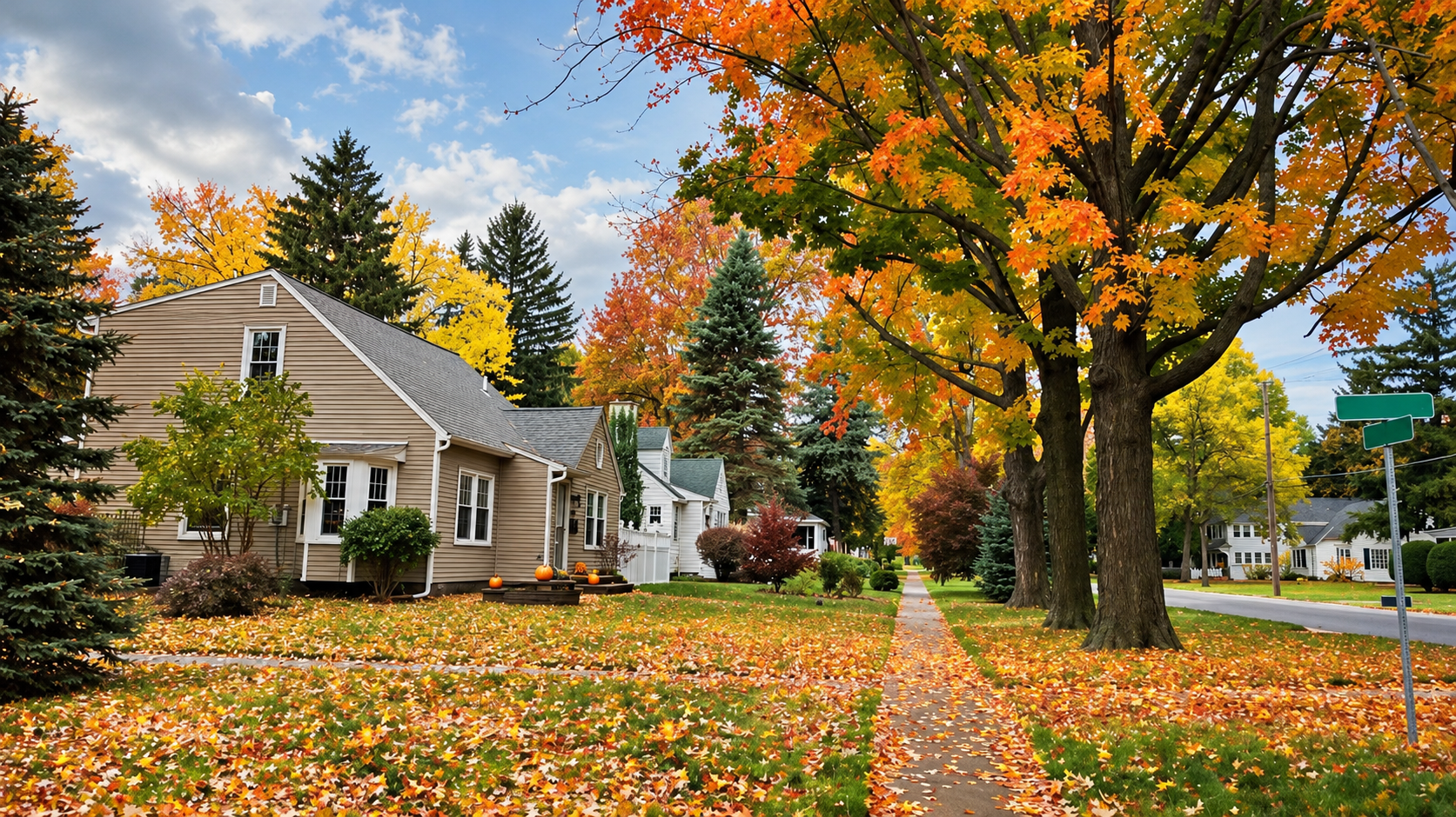 Autumn neighborhood street with orange trees, fallen leaves, and houses under a bright sky