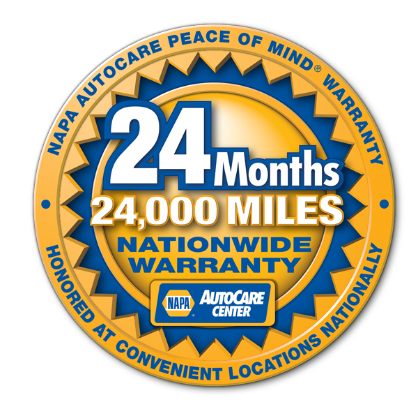 NAPA Autocare Peace of Mind 24-month/24,000-mile nationwide warranty circular gold and blue emblem.