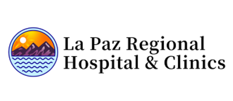 La Paz Regional Hospital & Clinics logo with mountain and water emblem in orange, purple, and blue