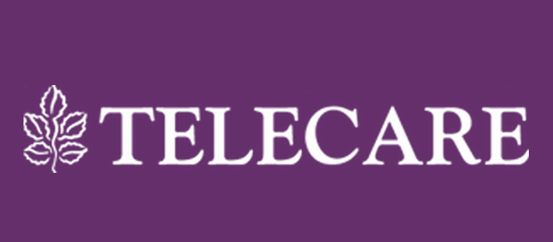 Telecare logo in white text with a leaf icon on a purple background