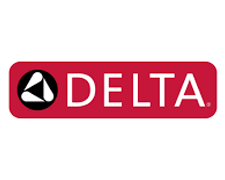 Delta logo on a red rectangular background; black and white triangle icon beside 