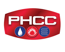 PHCC logo: White letters on red background with water drop, flame, and coil icons.