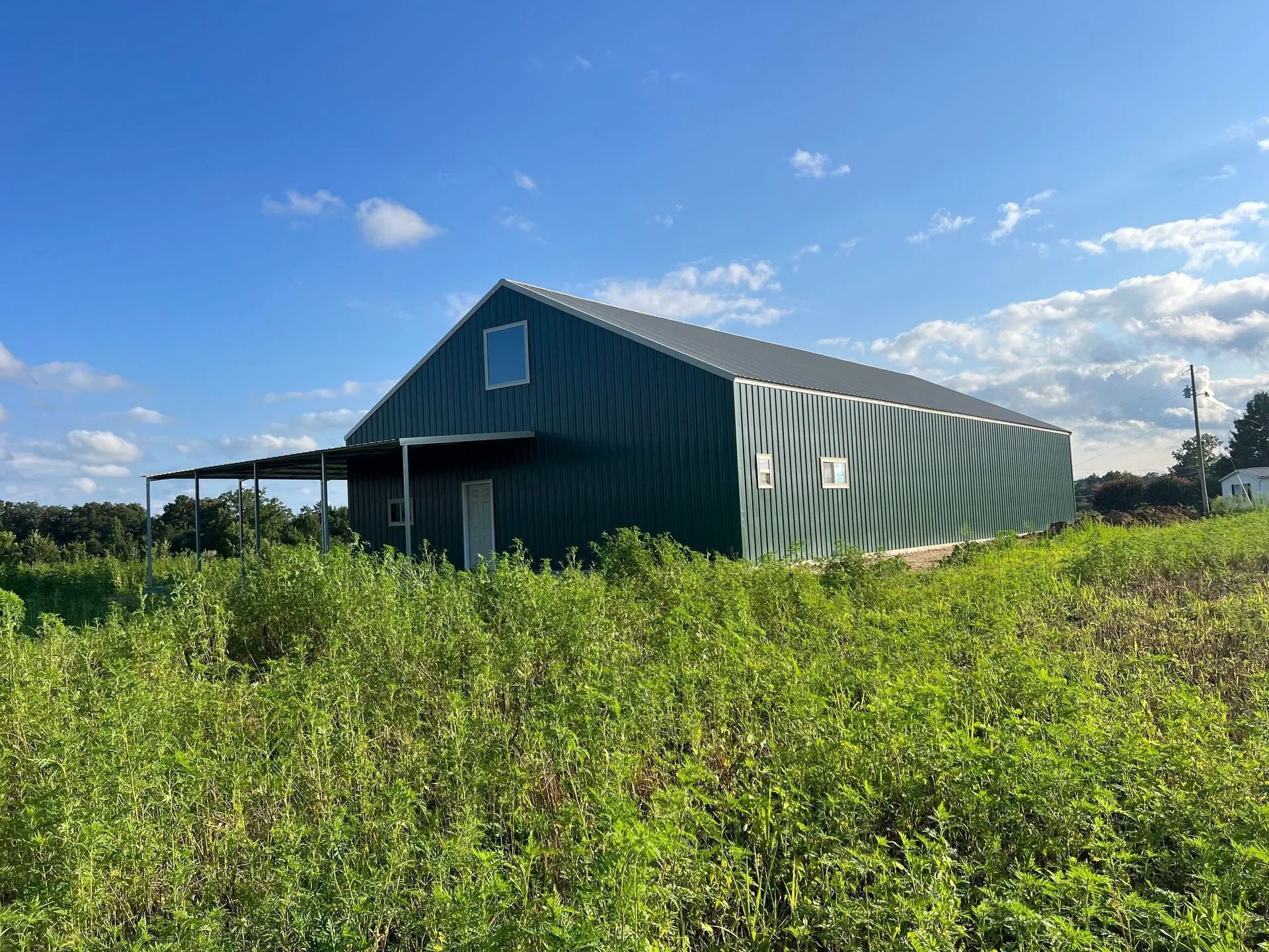 Green metal barn with a covered porch and small windows, set in a field of tall weeds under a blue sky.