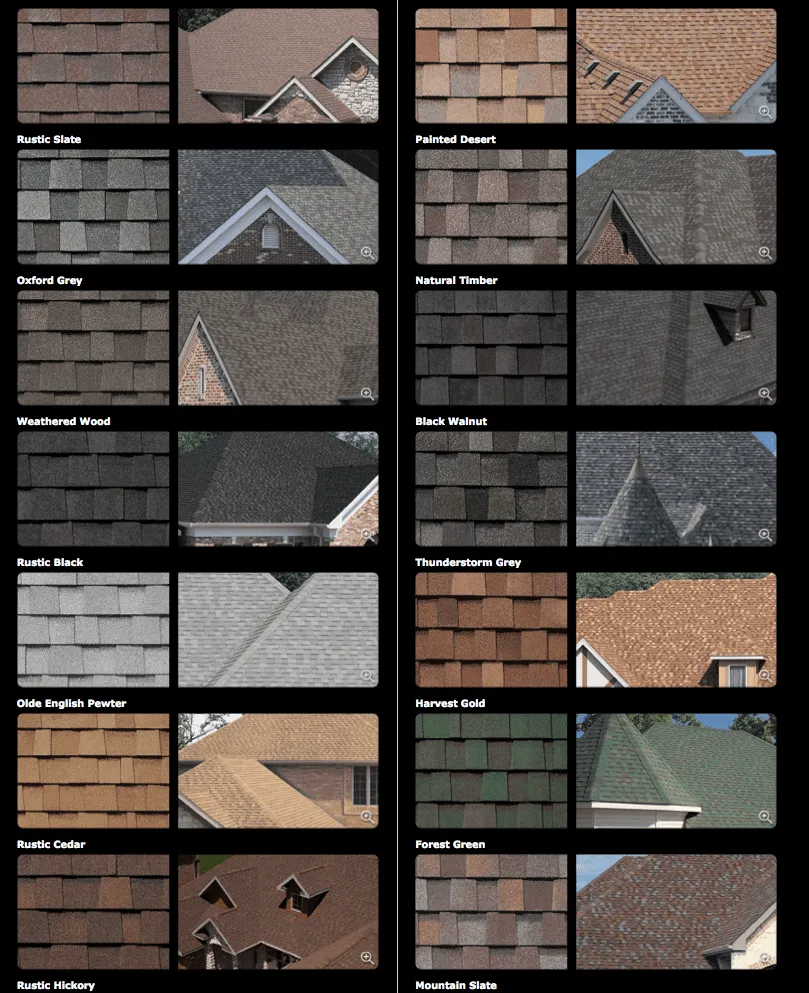 A grid of roofing shingle samples, showing various colors and styles.