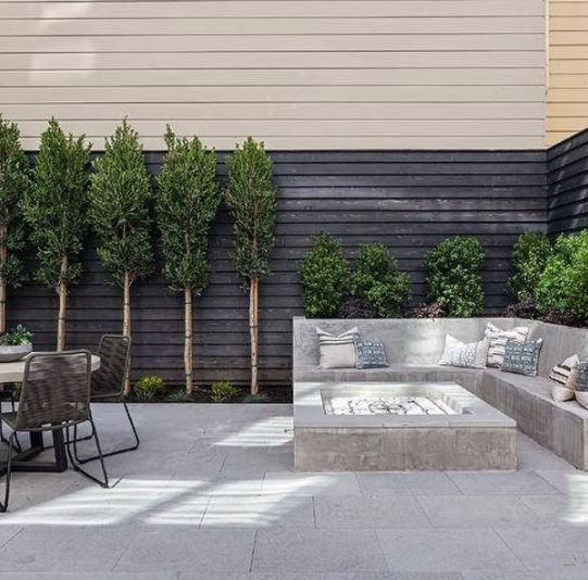 There is a fire pit in the middle of the patio.