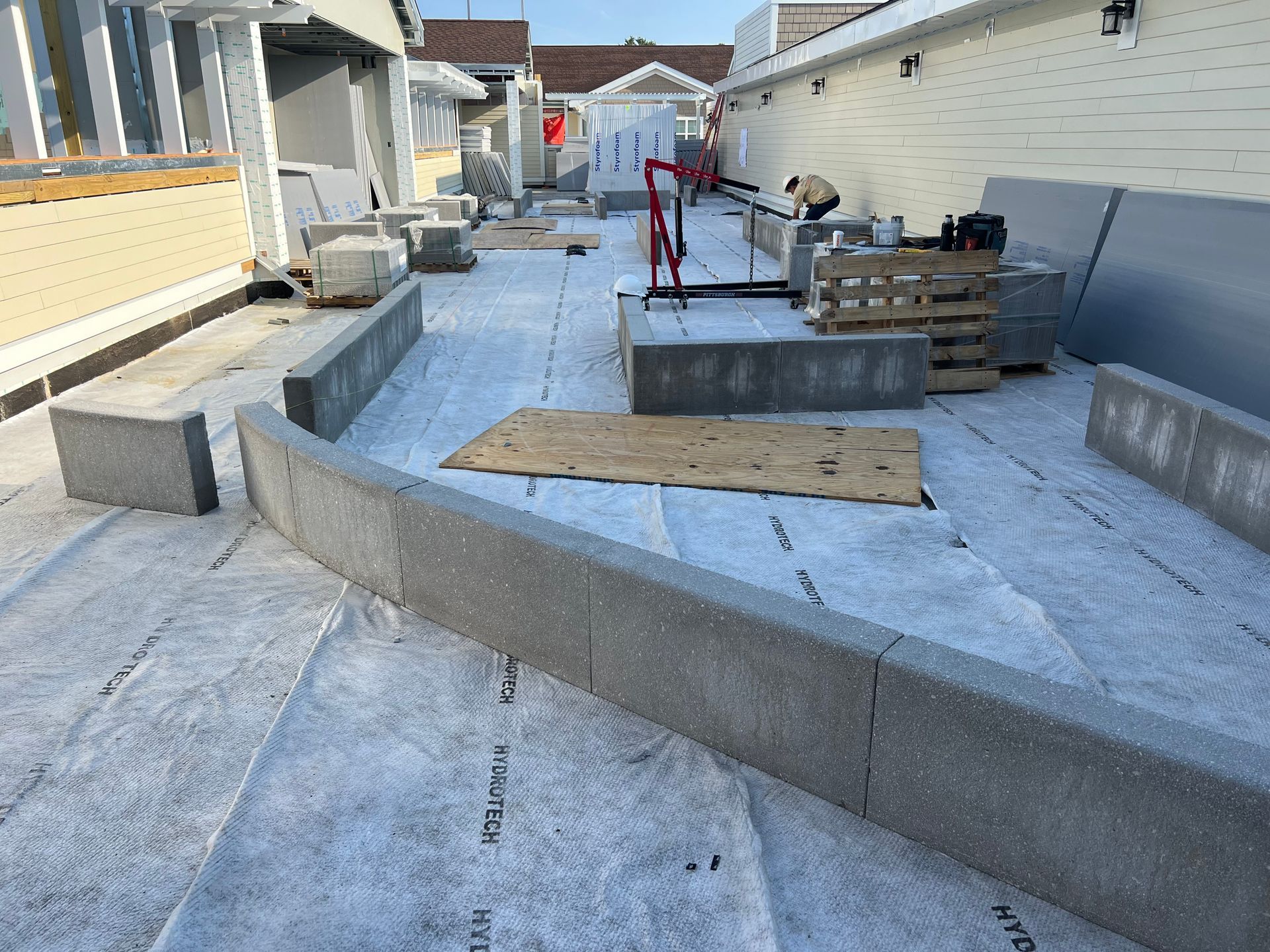 A staircase is being built on the roof of a building