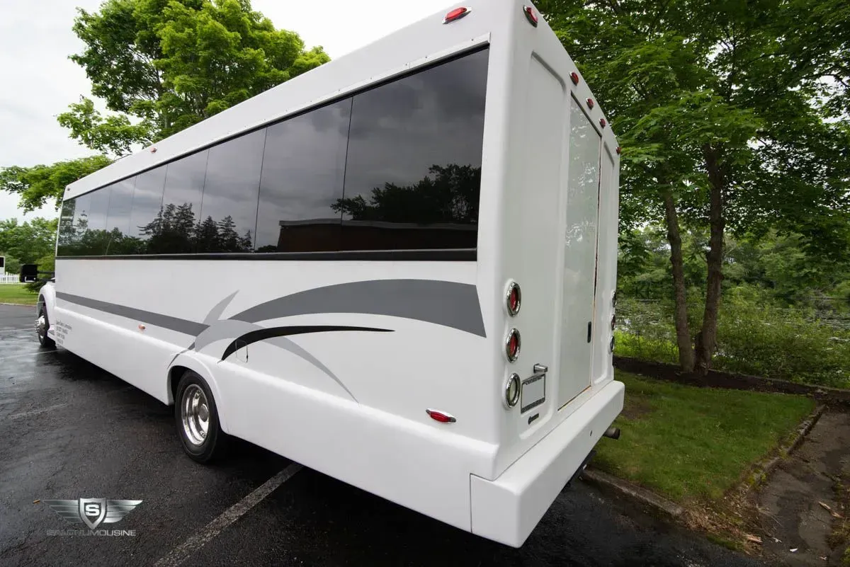 White party bus with dark-tinted windows parked outdoors, a silver design along the side, near trees.