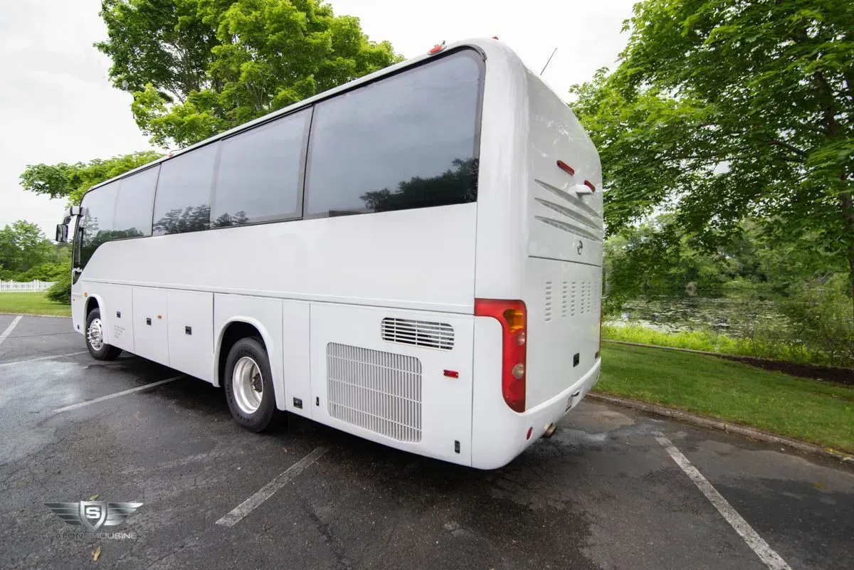 White tour bus parked on wet pavement near green trees.
