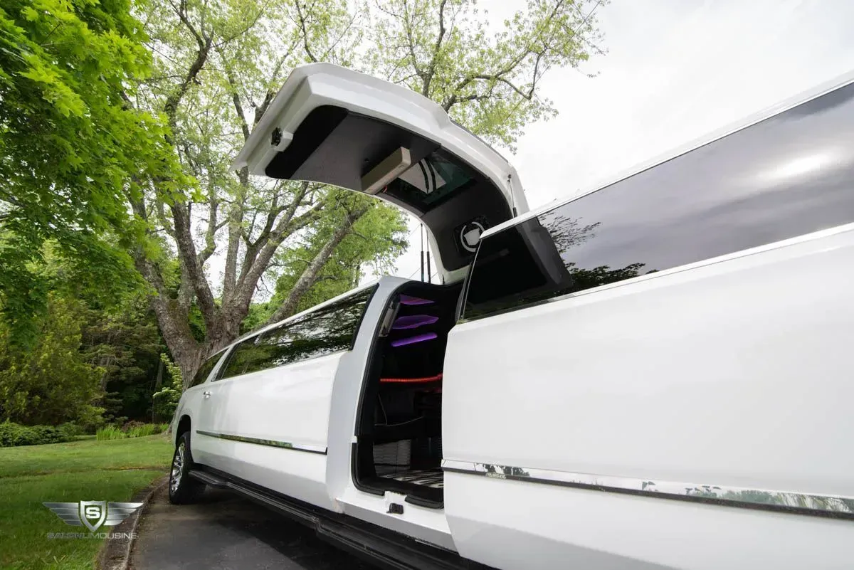 White limousine with open gull-wing door parked on grass near trees.