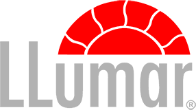 A logo for llumar with a red sun in the middle