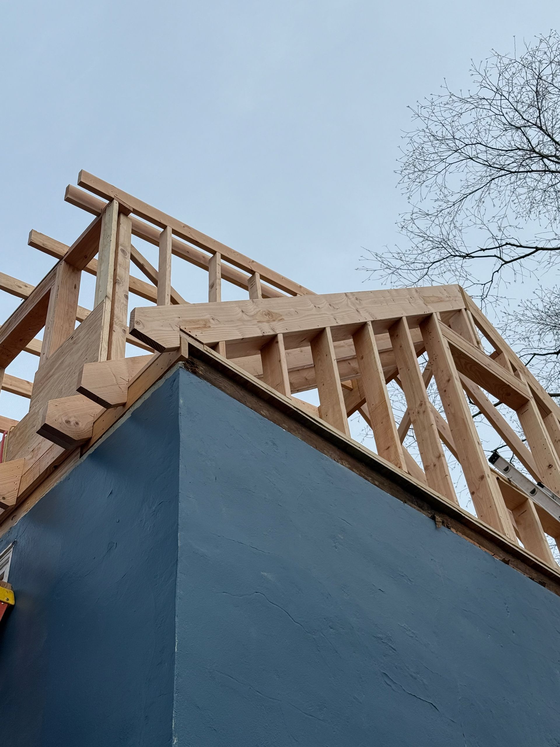 A low-angle view of wooden roof framing under construction atop a blue-sided building against a clear sky.