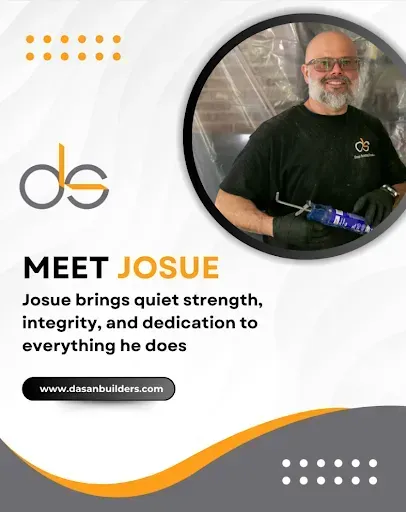 A man named Josue, smiling, holding a caulk gun. Text says 