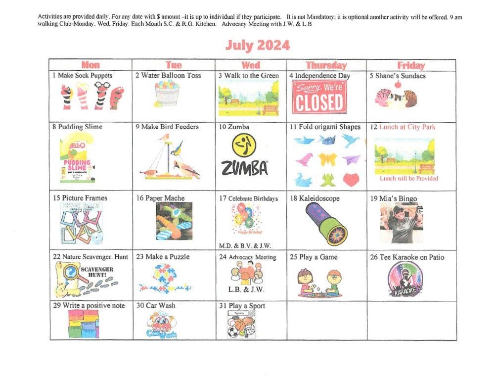 July 2024 Calendar of Events