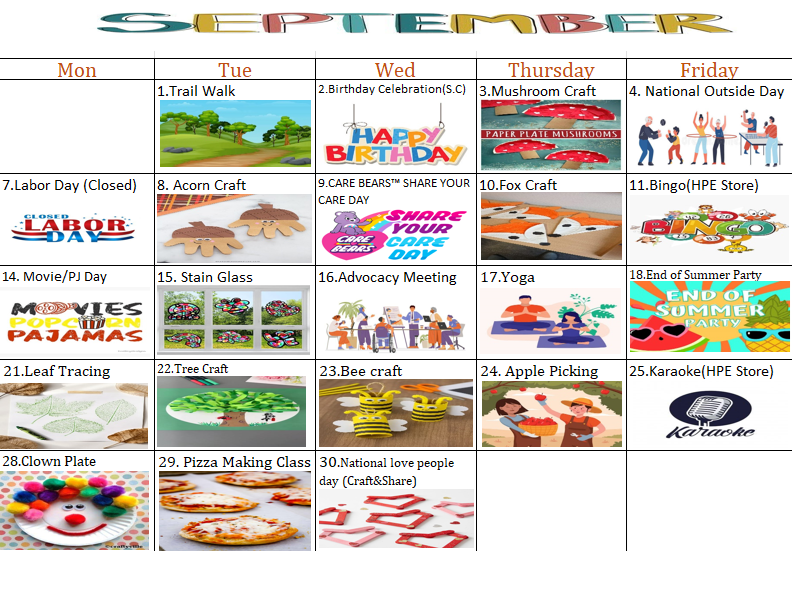 Weekly classroom schedule chart with colorful activity illustrations for Monday through Friday.