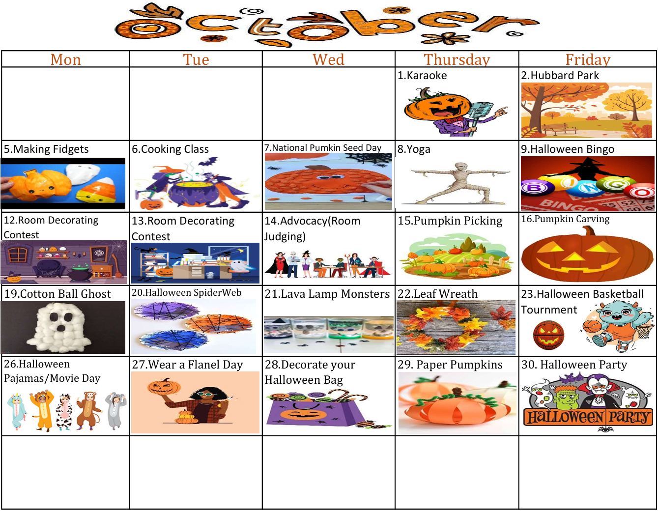 Weekly Halloween-themed classroom schedule chart with orange pumpkin illustrations and day columns.