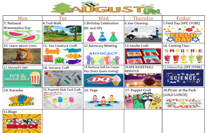 Weekly classroom schedule chart with colorful activity illustrations for Monday through Friday.