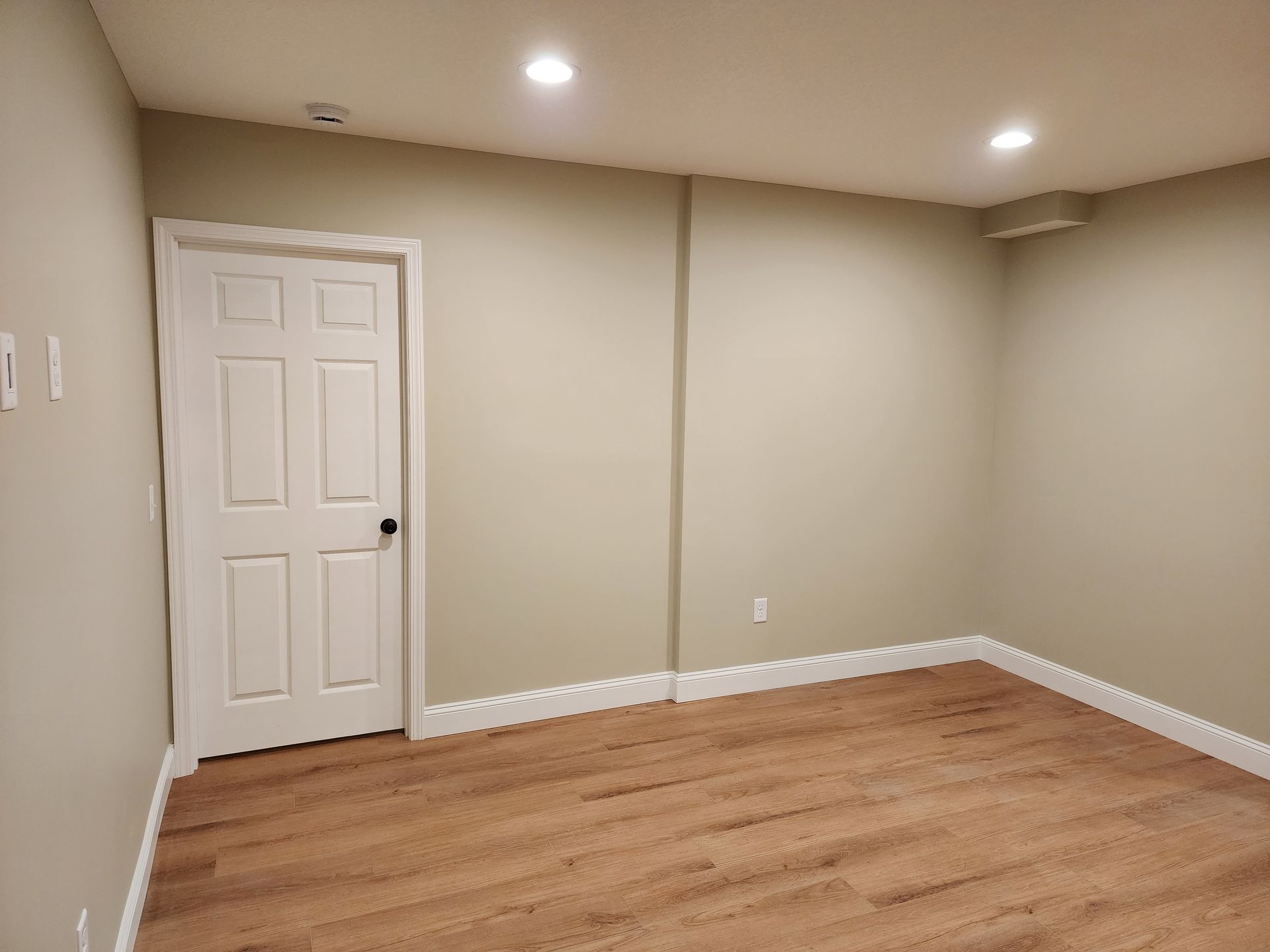 An empty room with hardwood floors and a white door.