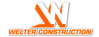 An orange and white logo for welter construction